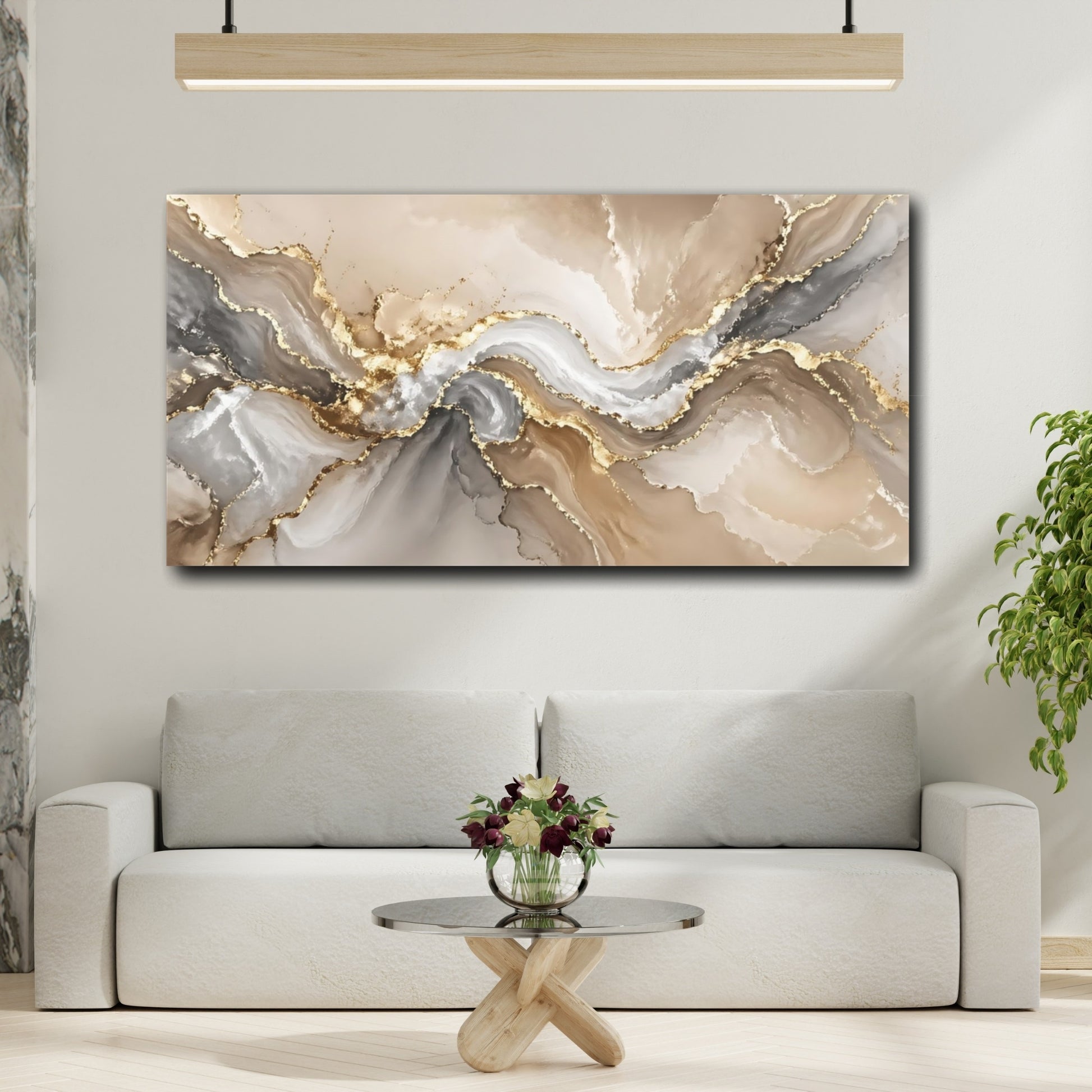 Mockup 3. Abstract Fluid Art Gold And Beige Abstract shown as stretched canvas wall art