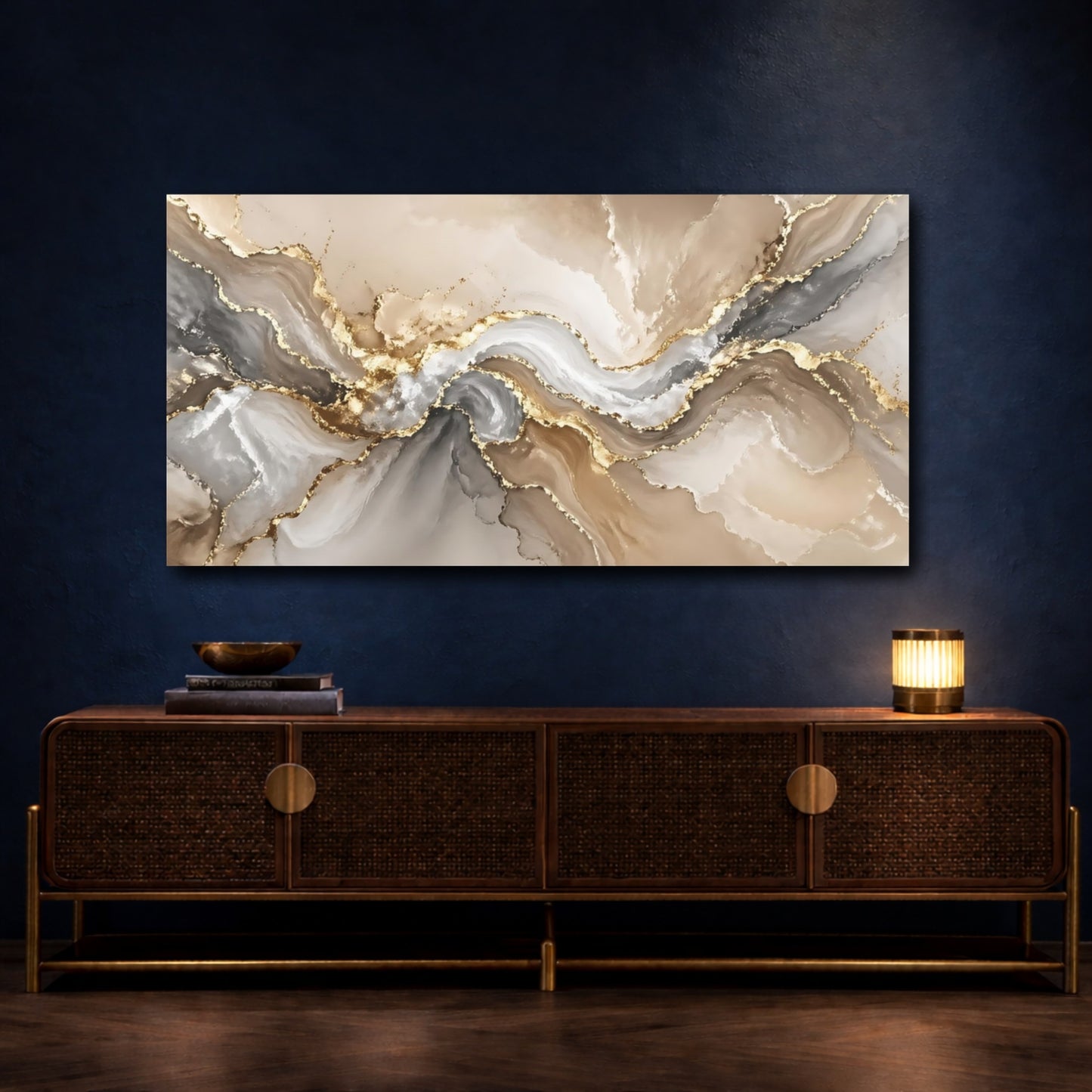 Mockup 4. Abstract Fluid Art Gold And Beige Abstract shown as stretched canvas wall art