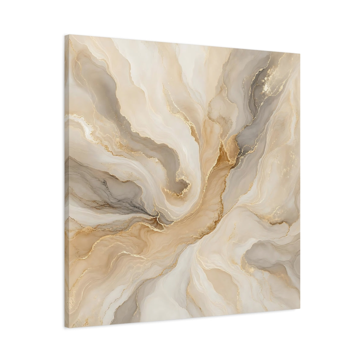 Main Mockup. Abstract Fluid Art Gold And Beige shown as stretched canvas wall art