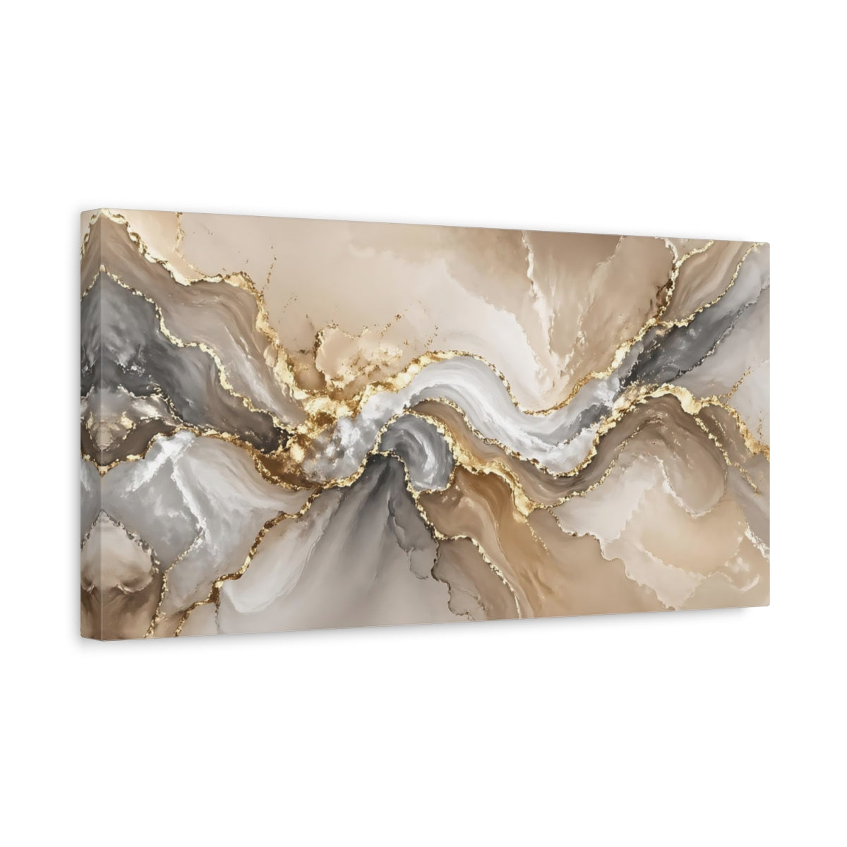 Side Mockup 3. Abstract Fluid Art Gold And Beige Abstract shown as stretched canvas wall art