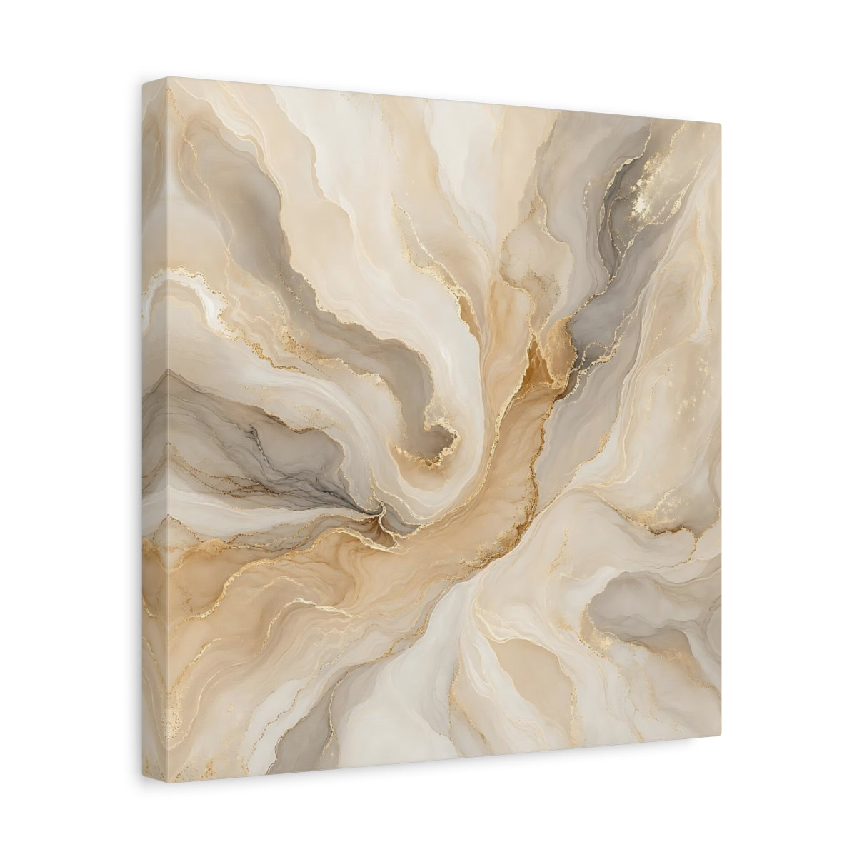 Side Mockup 7. Abstract Fluid Art Gold And Beige shown as stretched canvas wall art