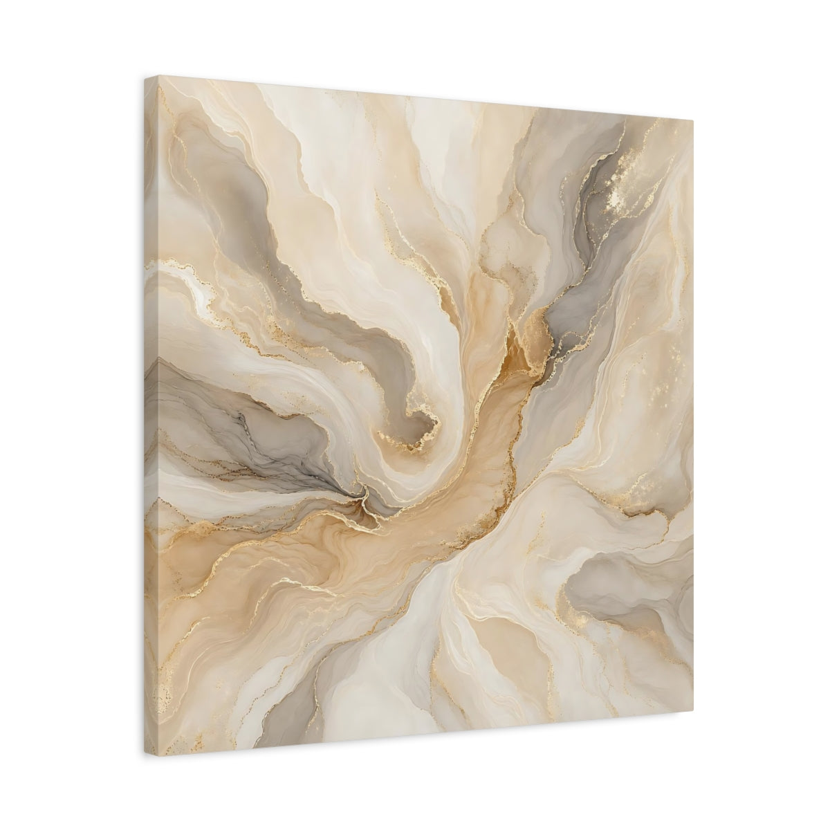 Side Mockup 4. Abstract Fluid Art Gold And Beige shown as stretched canvas wall art