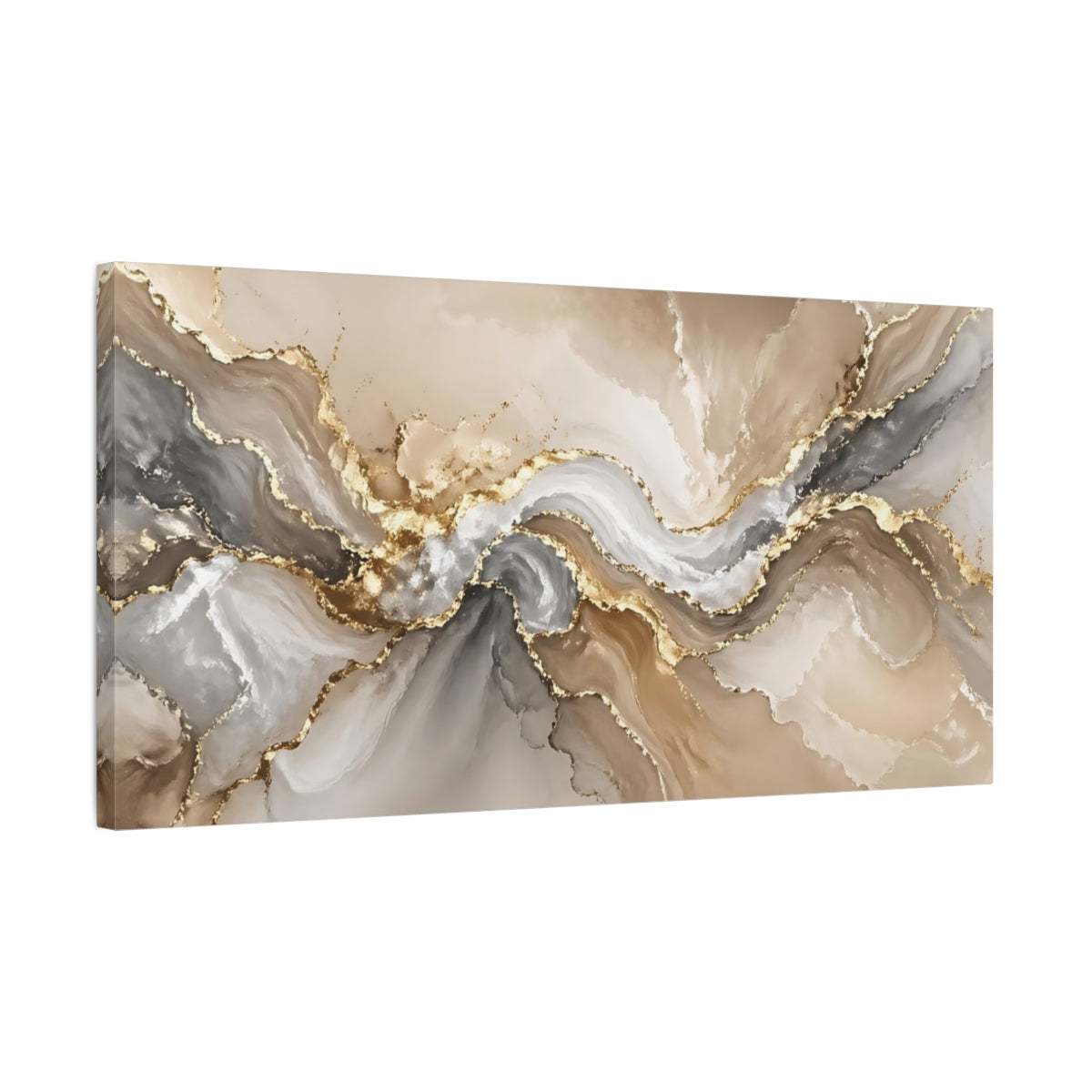 Side Mockup 1. Abstract Fluid Art Gold And Beige Abstract shown as stretched canvas wall art