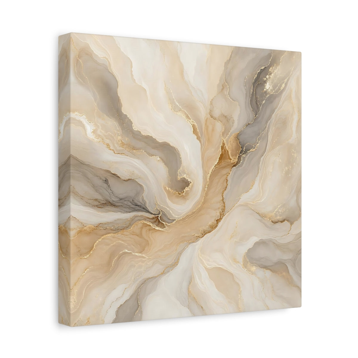 Side Mockup 8. Abstract Fluid Art Gold And Beige shown as stretched canvas wall art