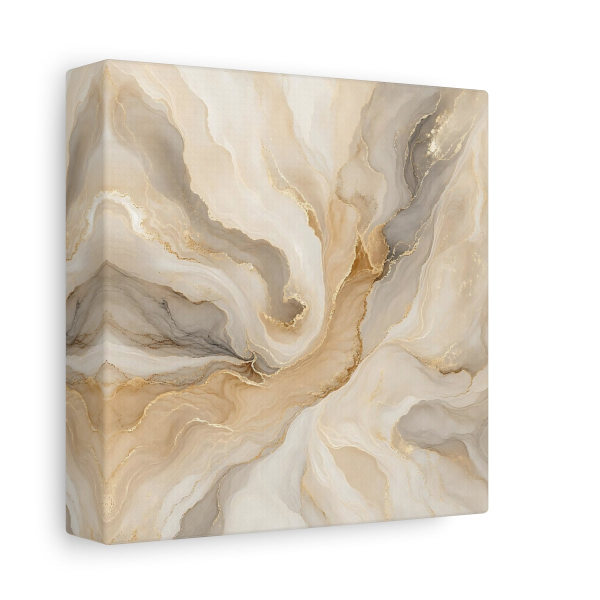 Side Mockup 2. Abstract Fluid Art Gold And Beige shown as stretched canvas wall art