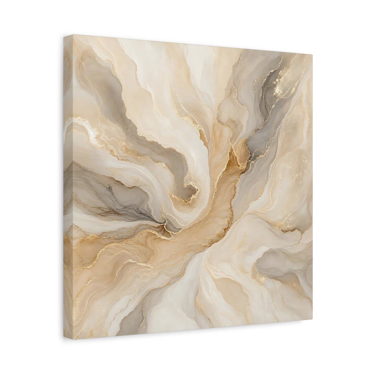 Side Mockup 6. Abstract Fluid Art Gold And Beige shown as stretched canvas wall art