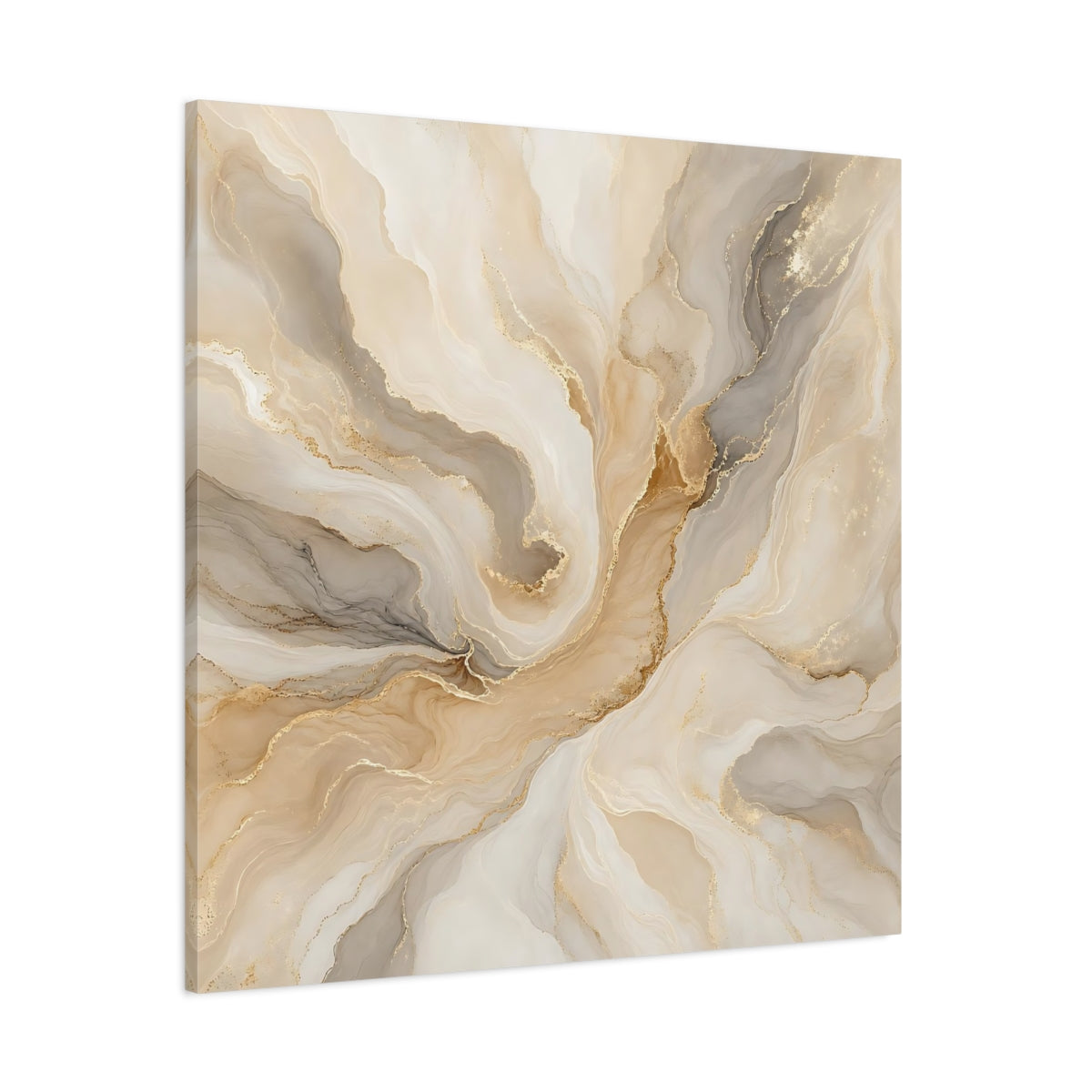 Side Mockup 1. Abstract Fluid Art Gold And Beige shown as stretched canvas wall art