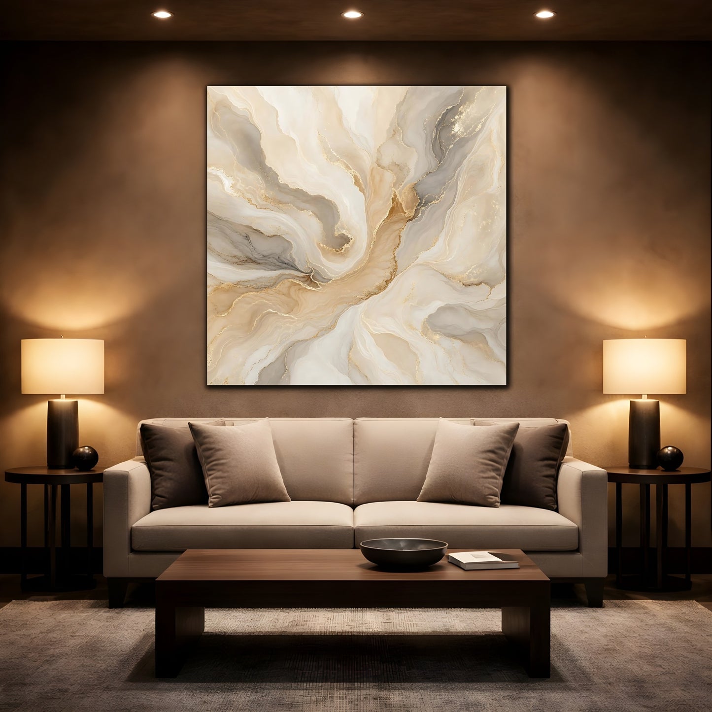 Mockup 2. Abstract Fluid Art Gold And Beige shown as stretched canvas wall art