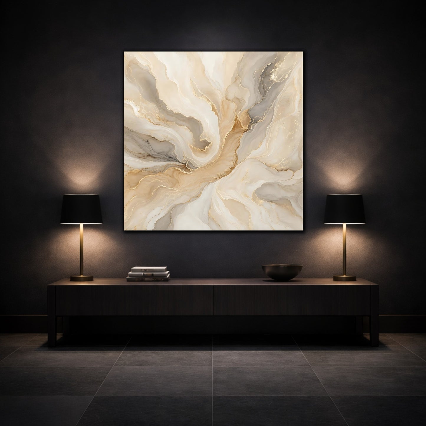 Mockup 3. Abstract Fluid Art Gold And Beige shown as stretched canvas wall art