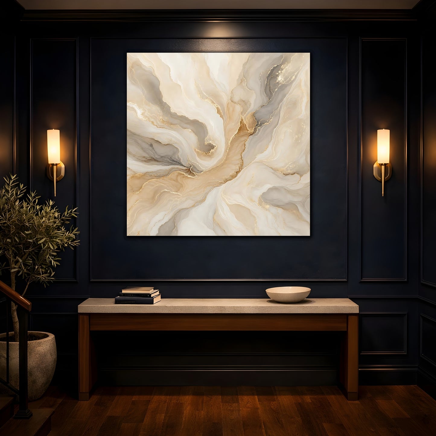 Mockup 4. Abstract Fluid Art Gold And Beige shown as stretched canvas wall art