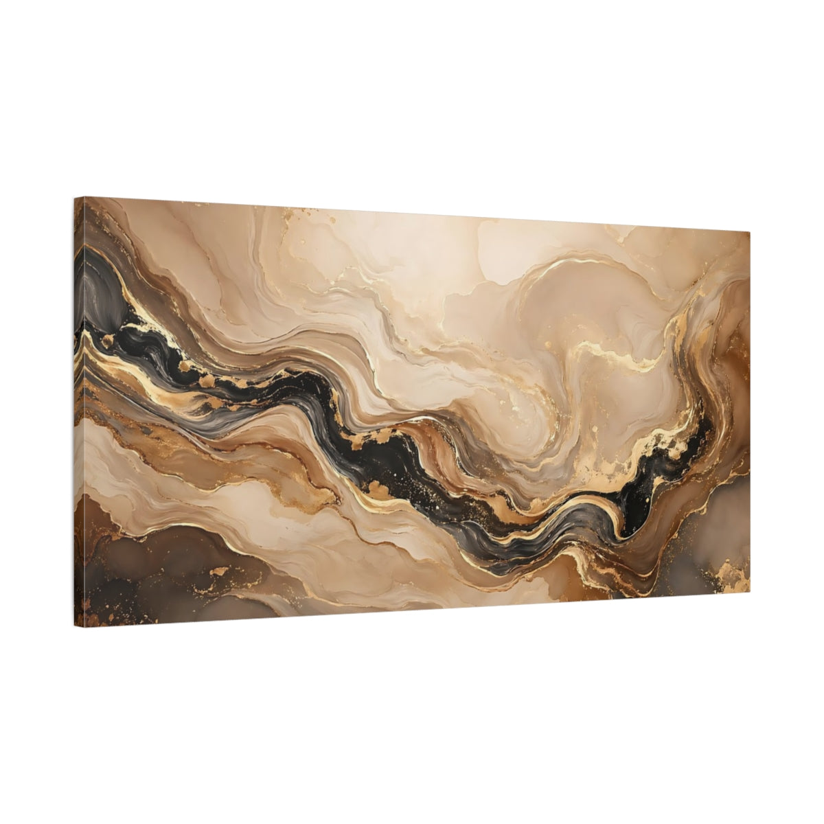 Main Mockup. Abstract Fluid Art Gold And Black Abstract shown as stretched canvas wall art
