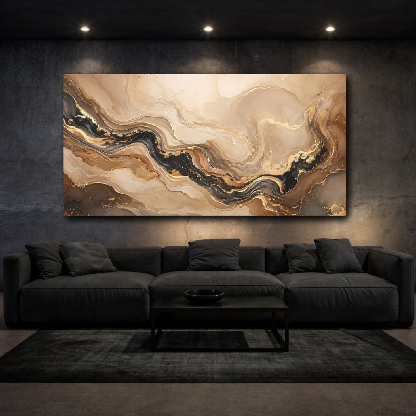 Mockup 2. Abstract Fluid Art Gold And Black Abstract shown as stretched canvas wall art