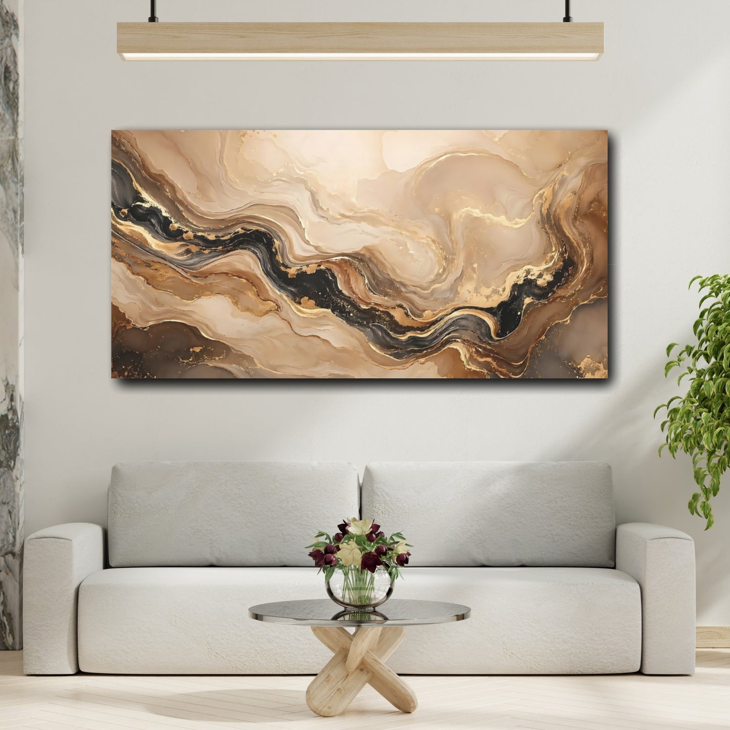 Mockup 3. Abstract Fluid Art Gold And Black Abstract shown as stretched canvas wall art