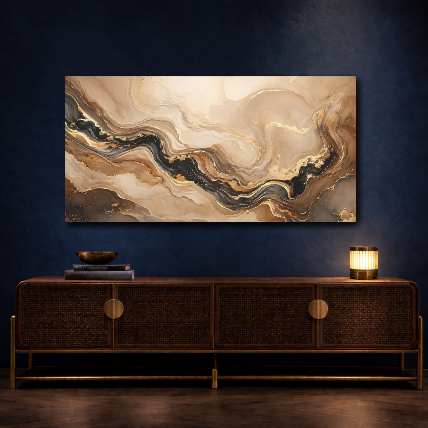 Mockup 4. Abstract Fluid Art Gold And Black Abstract shown as stretched canvas wall art