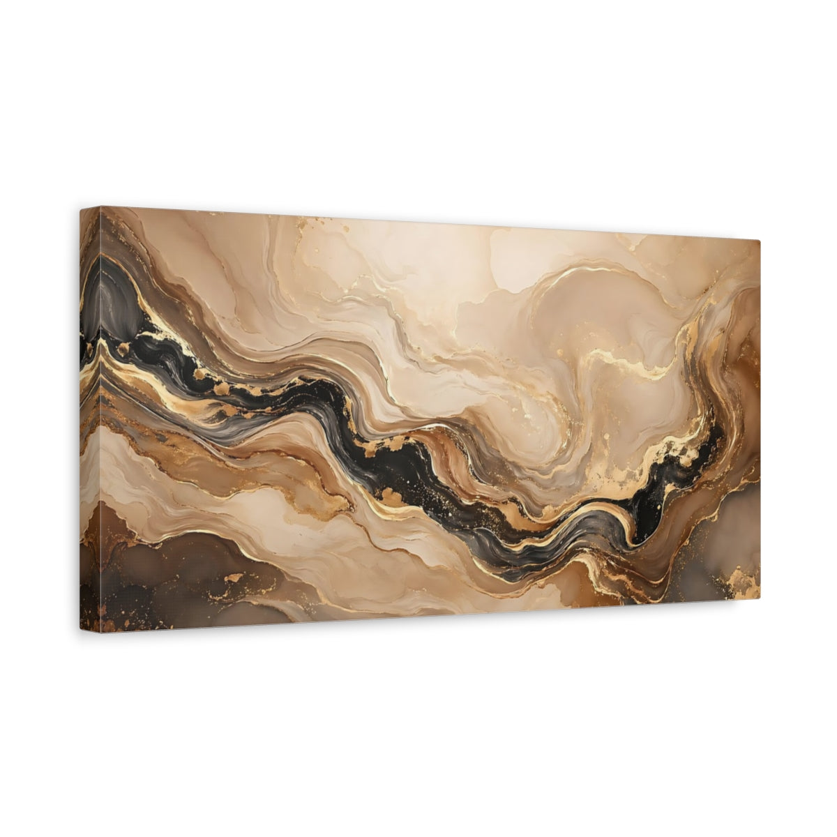 Side Mockup 3. Abstract Fluid Art Gold And Black Abstract shown as stretched canvas wall art