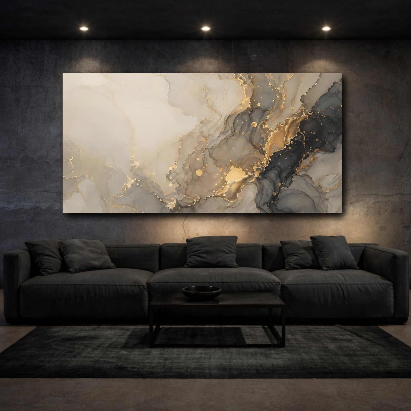 Mockup 2. Abstract Fluid Art Gold And Grey Abstract shown as stretched canvas wall art