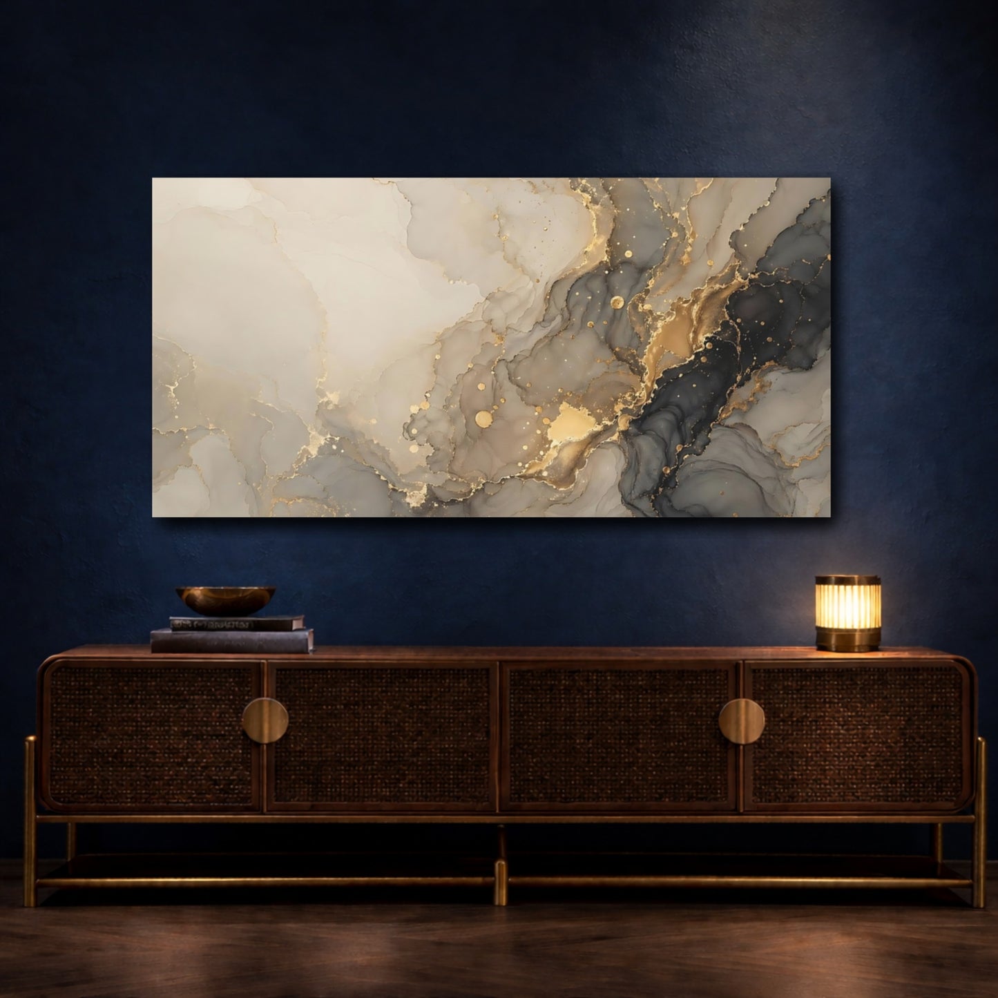 Mockup 3. Abstract Fluid Art Gold And Grey Abstract shown as stretched canvas wall art