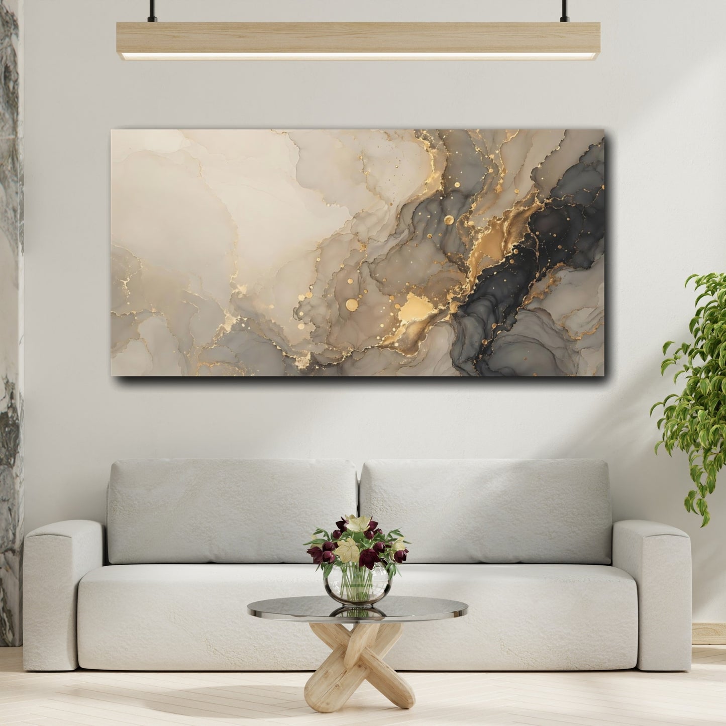 Mockup 4. Abstract Fluid Art Gold And Grey Abstract shown as stretched canvas wall art