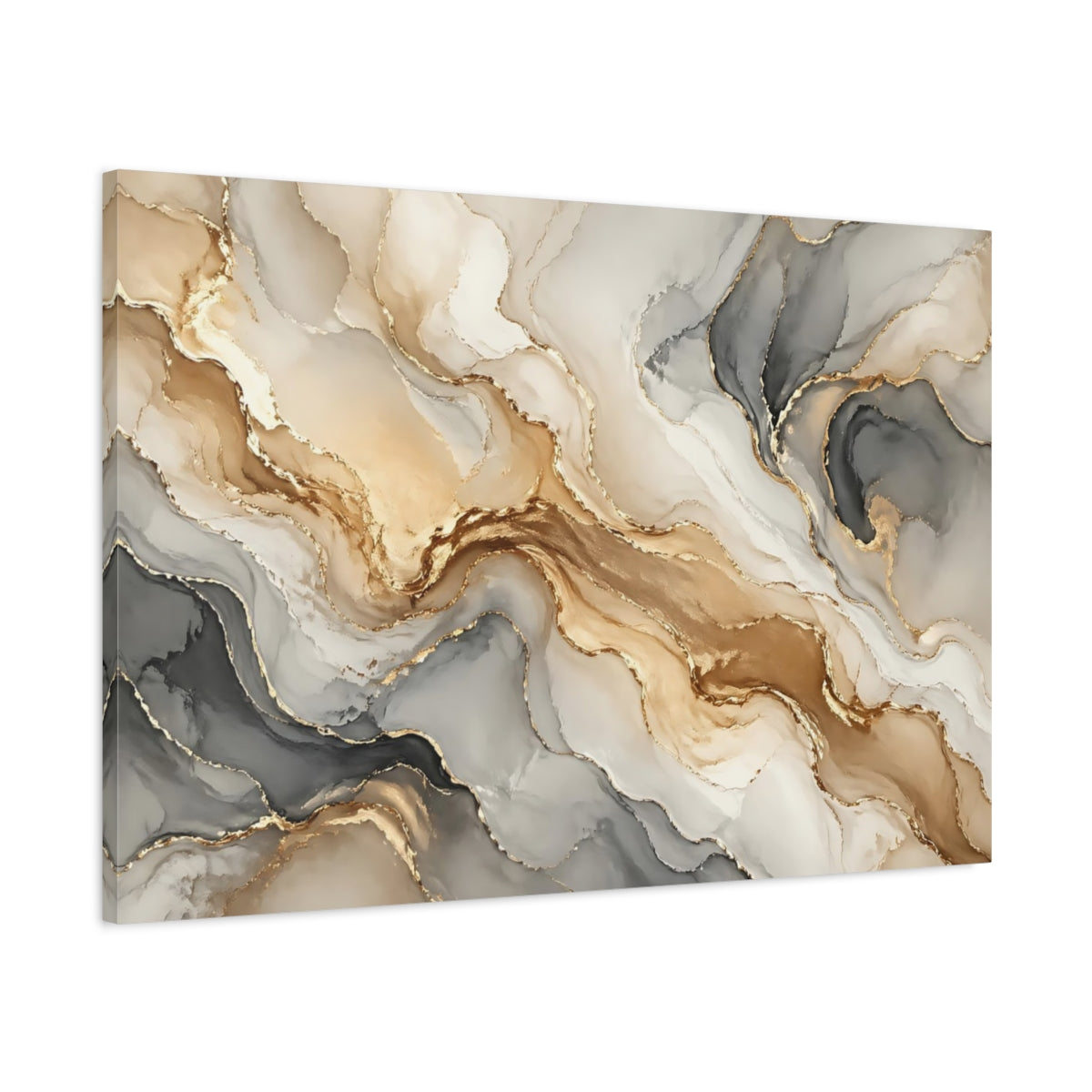 Main Mockup. Abstract Fluid Art Gold And Grey shown as stretched canvas wall art