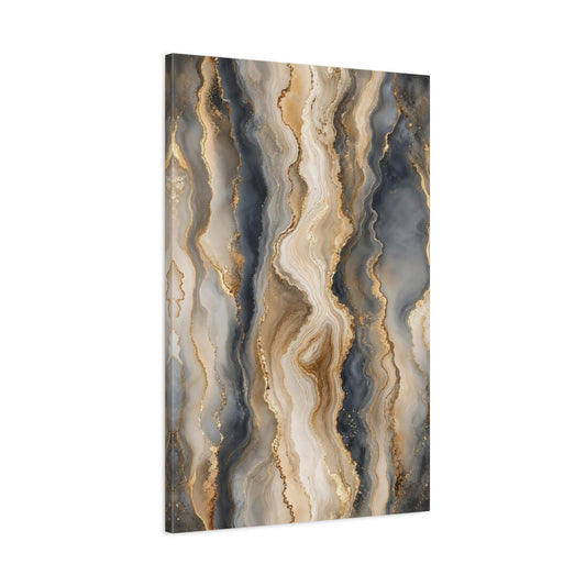 Main Mockup. Abstract Fluid Art Gold And Grey shown as stretched canvas wall art