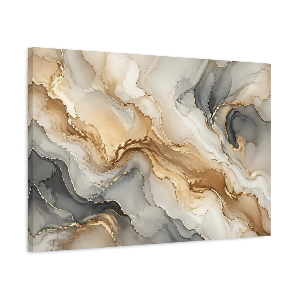 Side Mockup 2. Abstract Fluid Art Gold And Grey shown as stretched canvas wall art