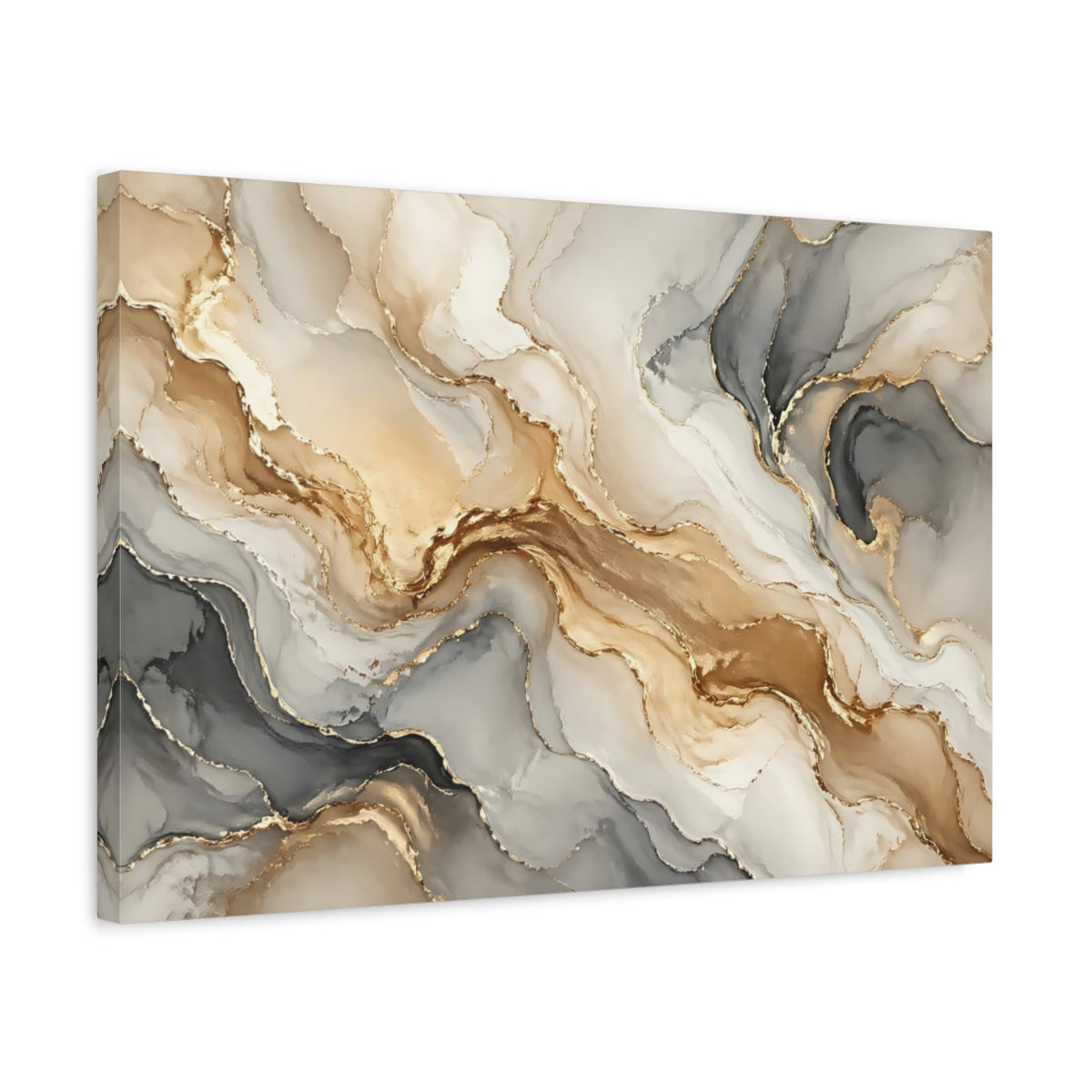 Side Mockup 3. Abstract Fluid Art Gold And Grey shown as stretched canvas wall art
