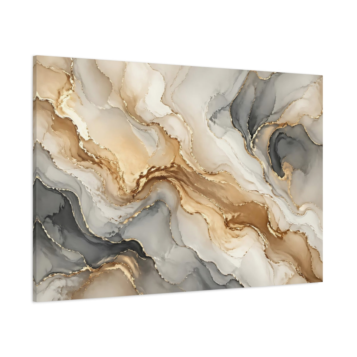 Side Mockup 1. Abstract Fluid Art Gold And Grey shown as stretched canvas wall art