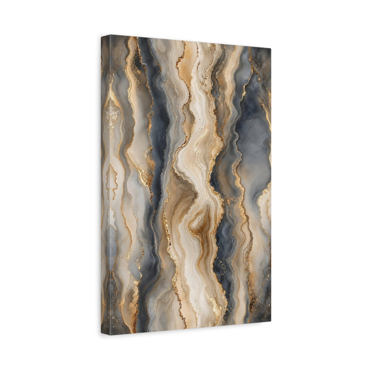 Side Mockup 4. Abstract Fluid Art Gold And Grey shown as stretched canvas wall art