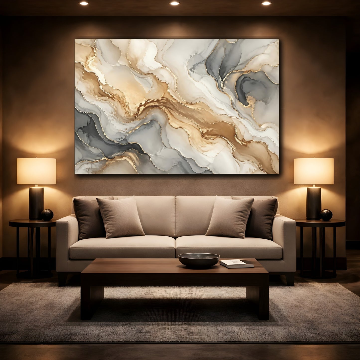 Mockup 2. Abstract Fluid Art Gold And Grey shown as stretched canvas wall art