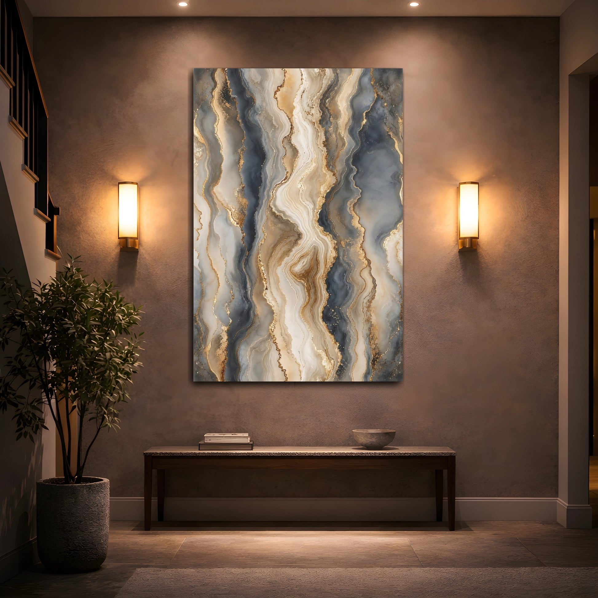 Mockup 2. Abstract Fluid Art Gold And Grey shown as stretched canvas wall art