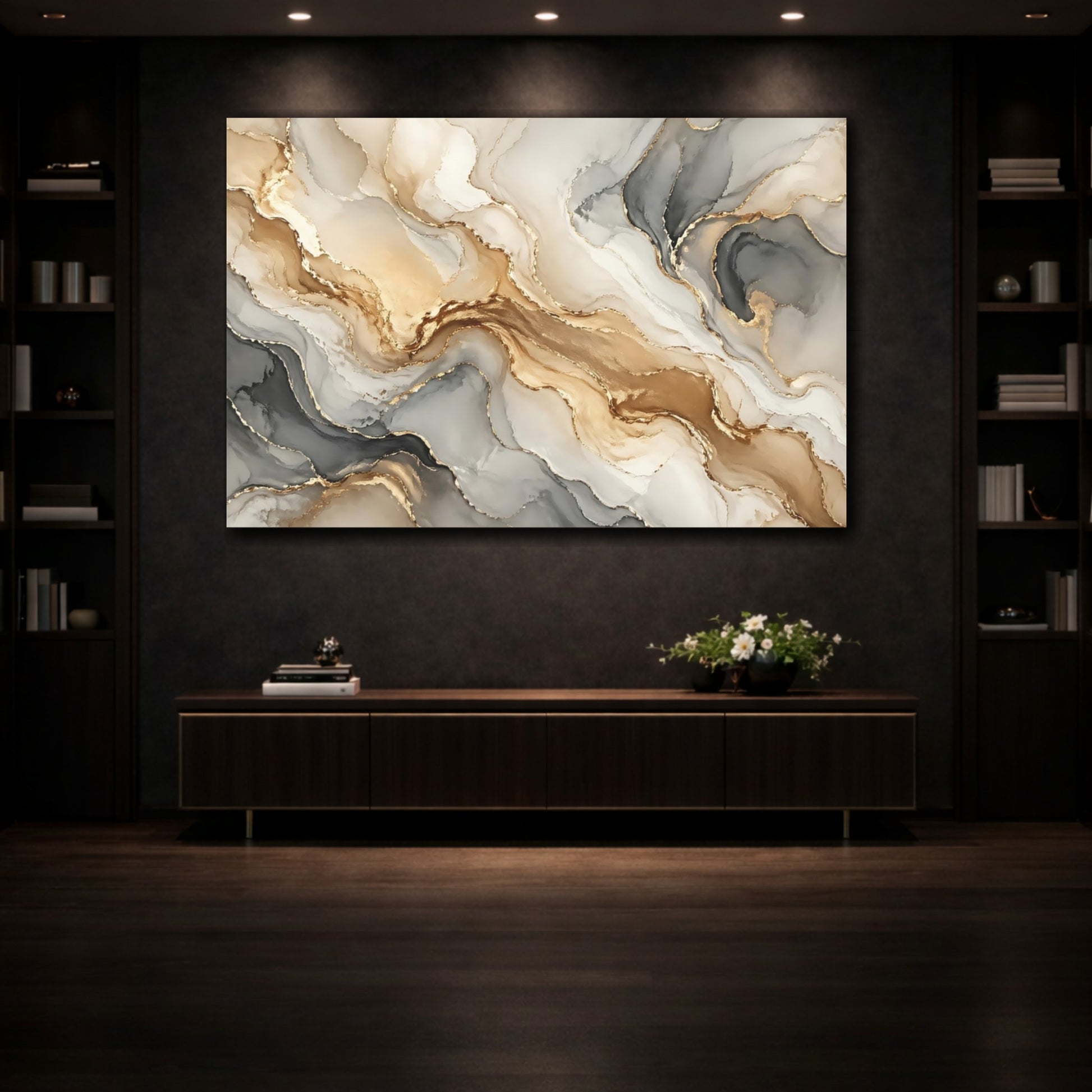 Mockup 3. Abstract Fluid Art Gold And Grey shown as stretched canvas wall art