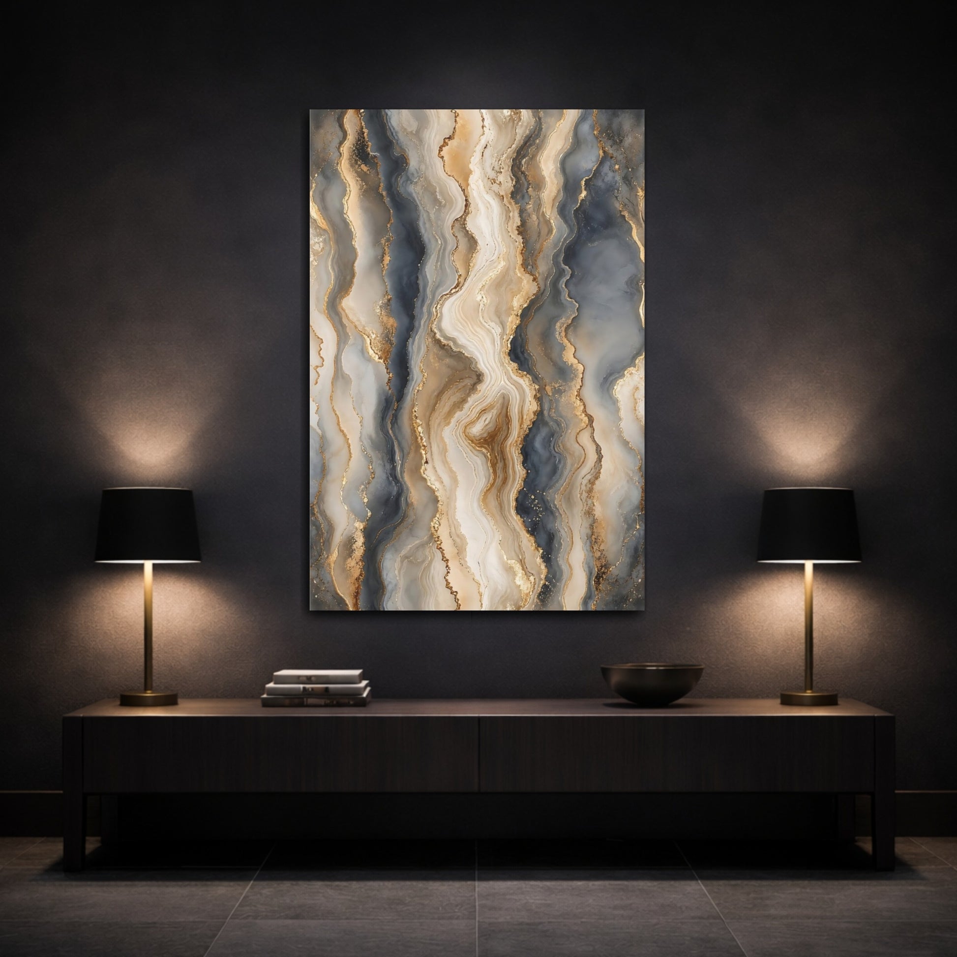 Mockup 3. Abstract Fluid Art Gold And Grey shown as stretched canvas wall art