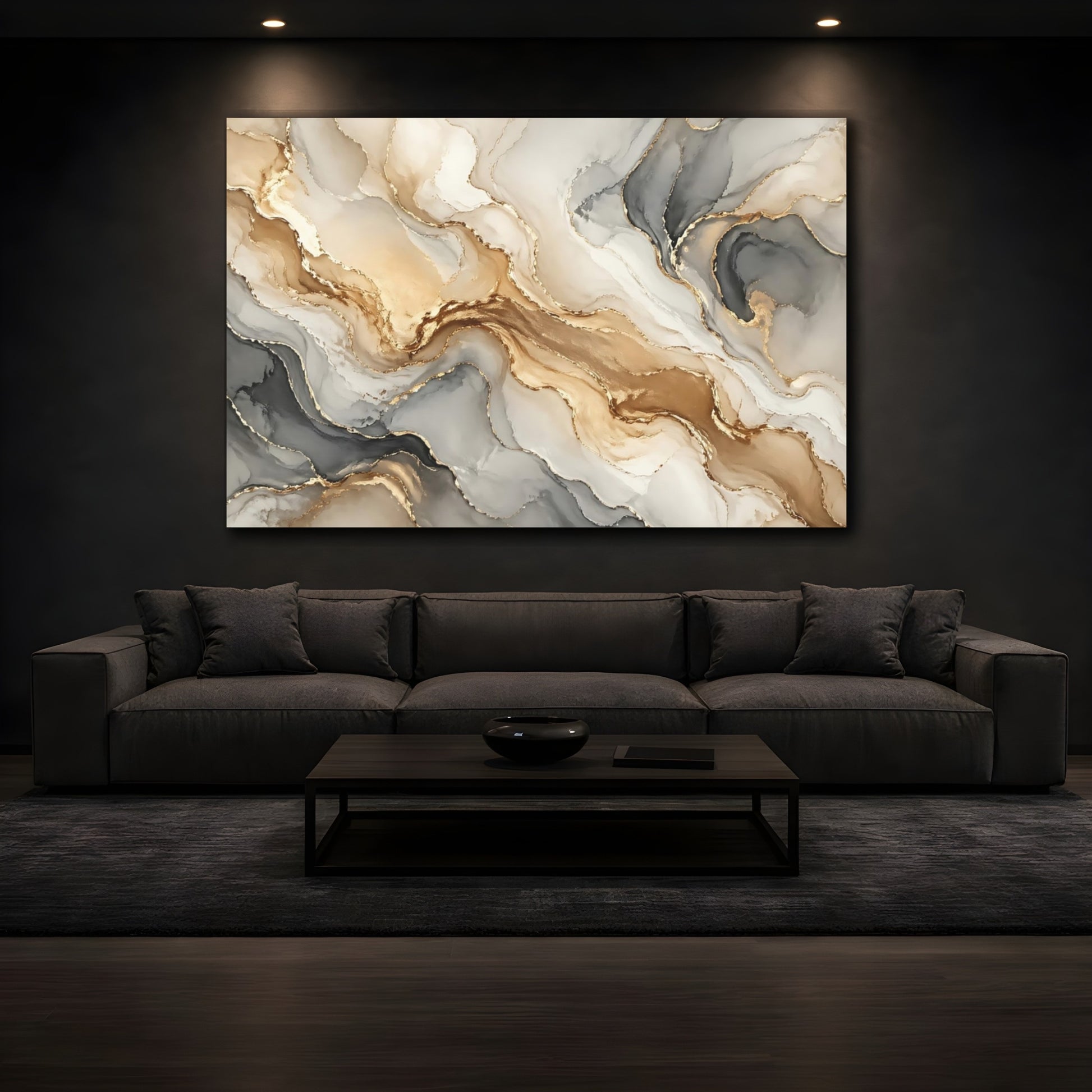Mockup 4. Abstract Fluid Art Gold And Grey shown as stretched canvas wall art
