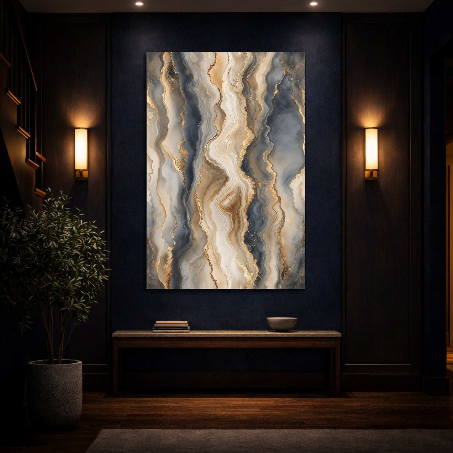 Mockup 4. Abstract Fluid Art Gold And Grey shown as stretched canvas wall art