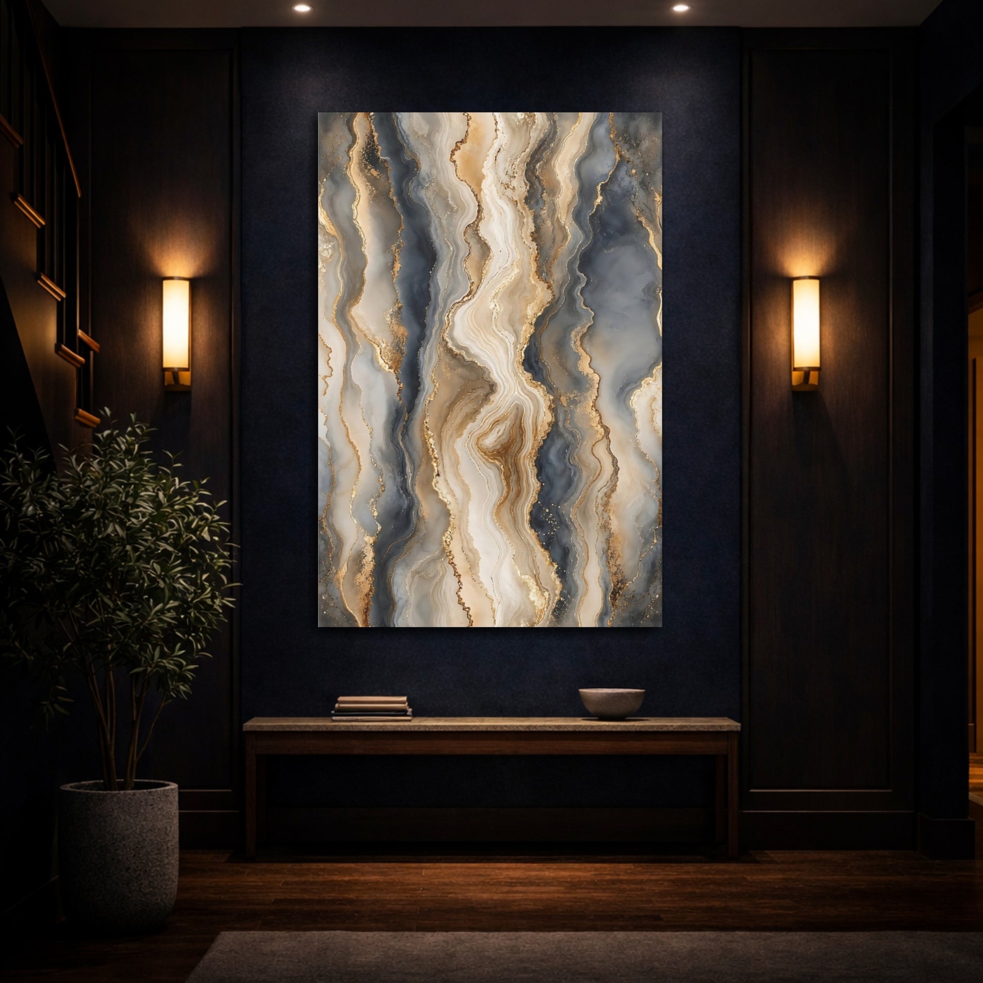 Mockup 4. Abstract Fluid Art Gold And Grey shown as stretched canvas wall art