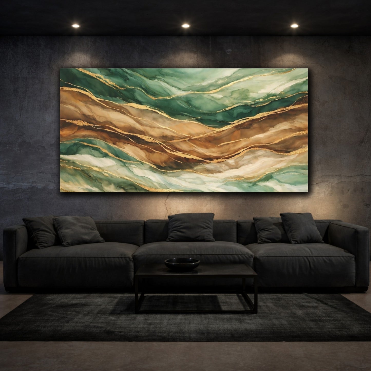 Mockup 2. Abstract Fluid Art Green And Gold Abstract shown as stretched canvas wall art