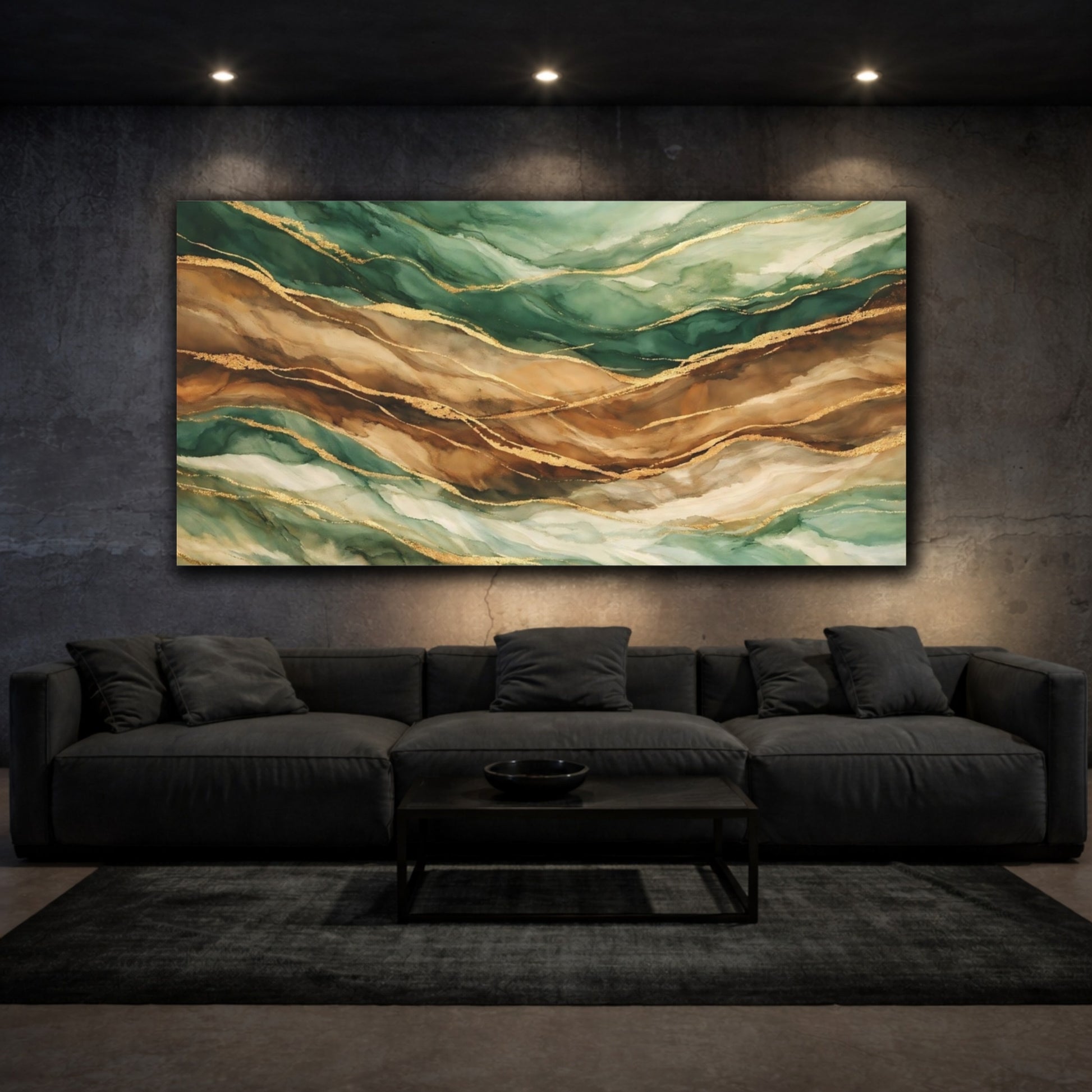 Mockup 2. Abstract Fluid Art Green And Gold Abstract shown as stretched canvas wall art
