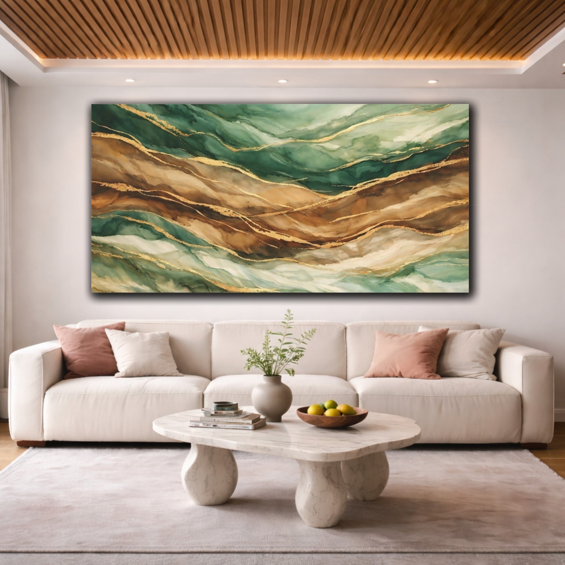 Mockup 3. Abstract Fluid Art Green And Gold Abstract shown as stretched canvas wall art
