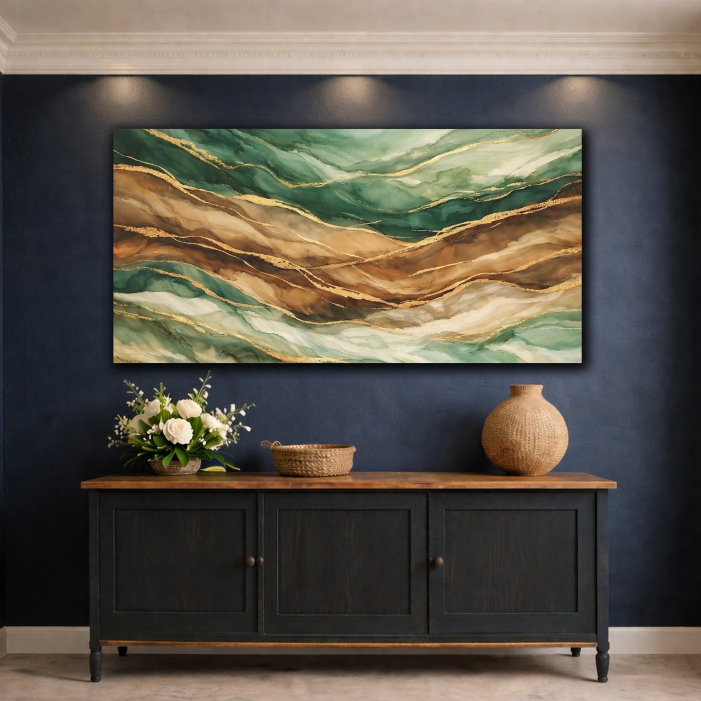 Mockup 4. Abstract Fluid Art Green And Gold Abstract shown as stretched canvas wall art