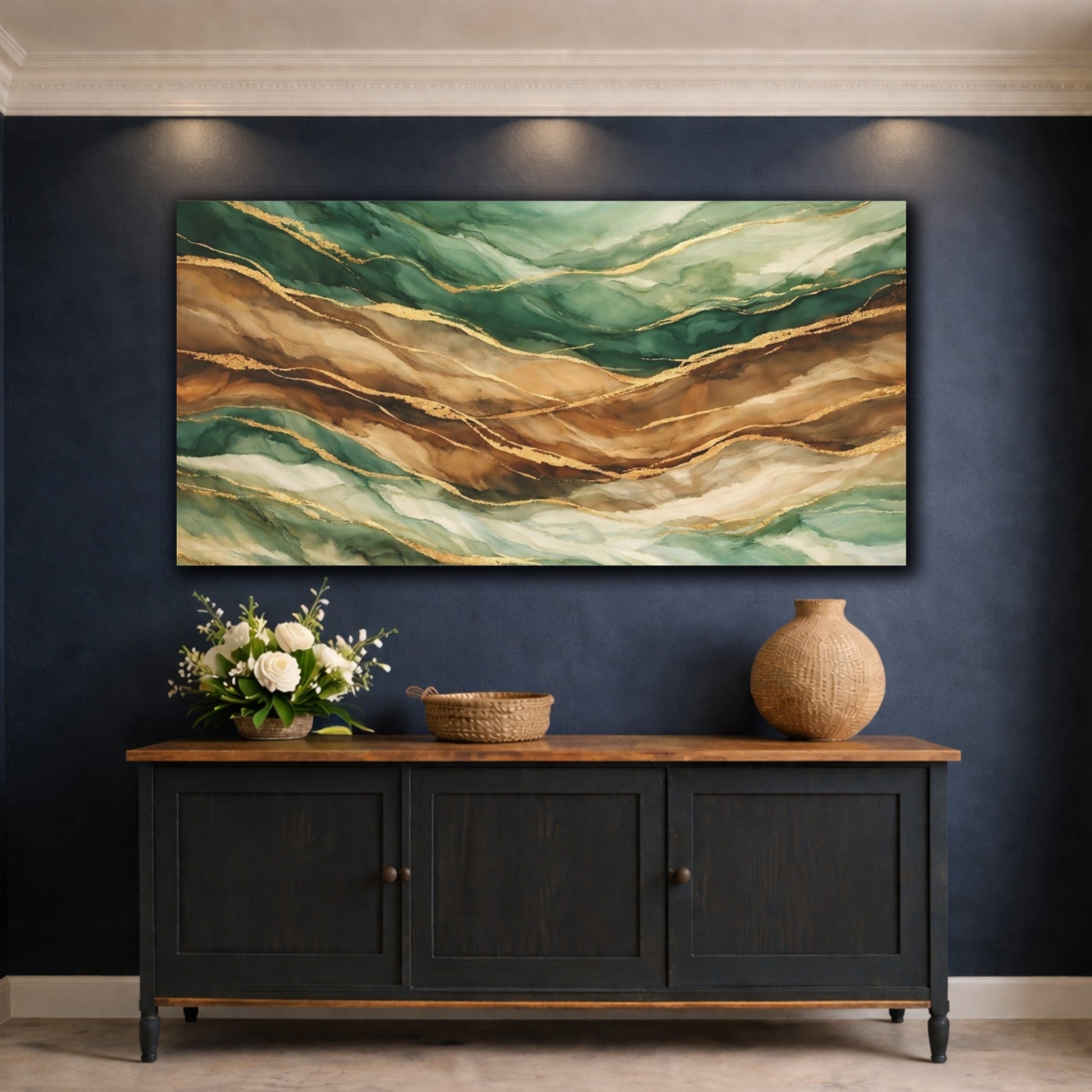 Mockup 4. Abstract Fluid Art Green And Gold Abstract shown as stretched canvas wall art
