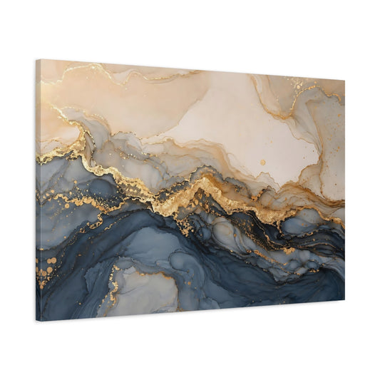 Main Mockup. Abstract Fluid Art Navy Gold Abstract shown as stretched canvas wall art