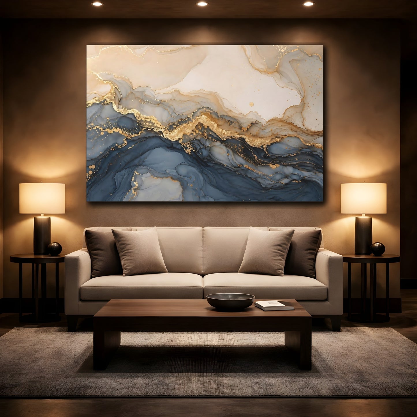 Mockup 2. Abstract Fluid Art Navy Gold Abstract shown as stretched canvas wall art