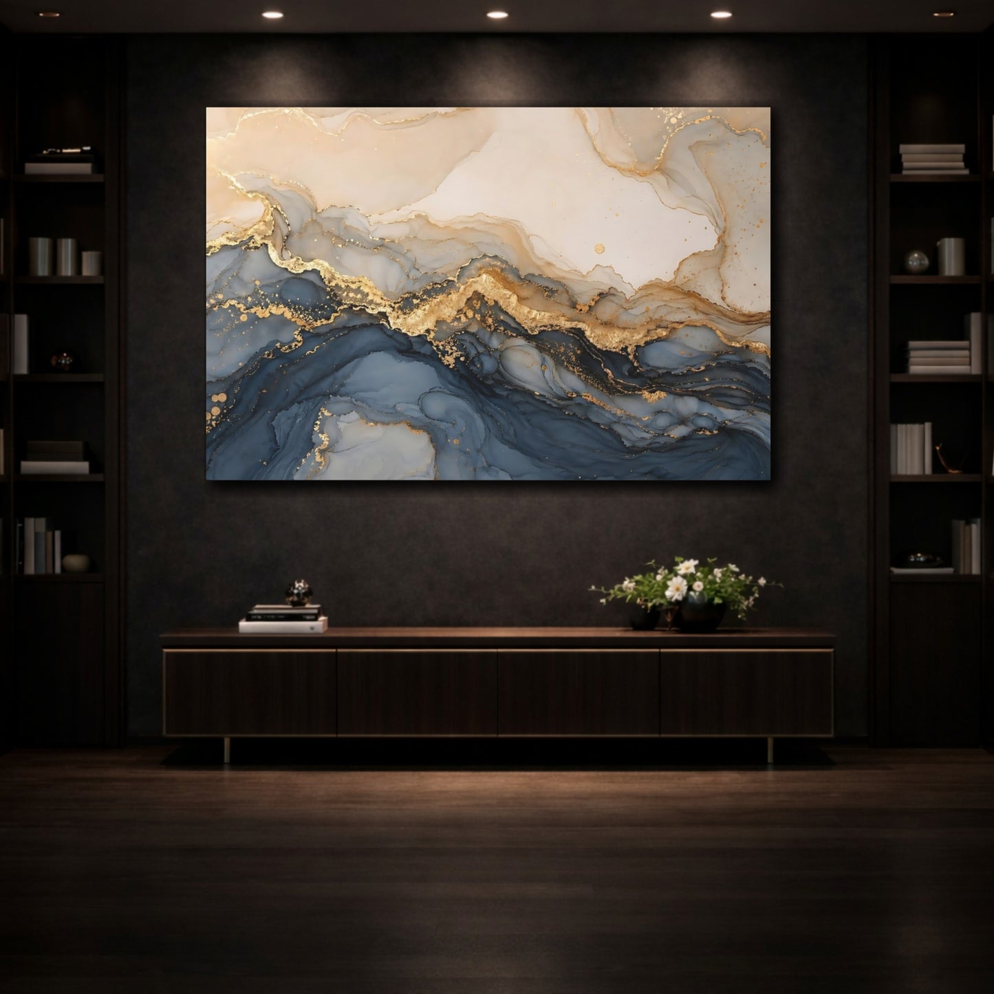 Mockup 3. Abstract Fluid Art Navy Gold Abstract shown as stretched canvas wall art