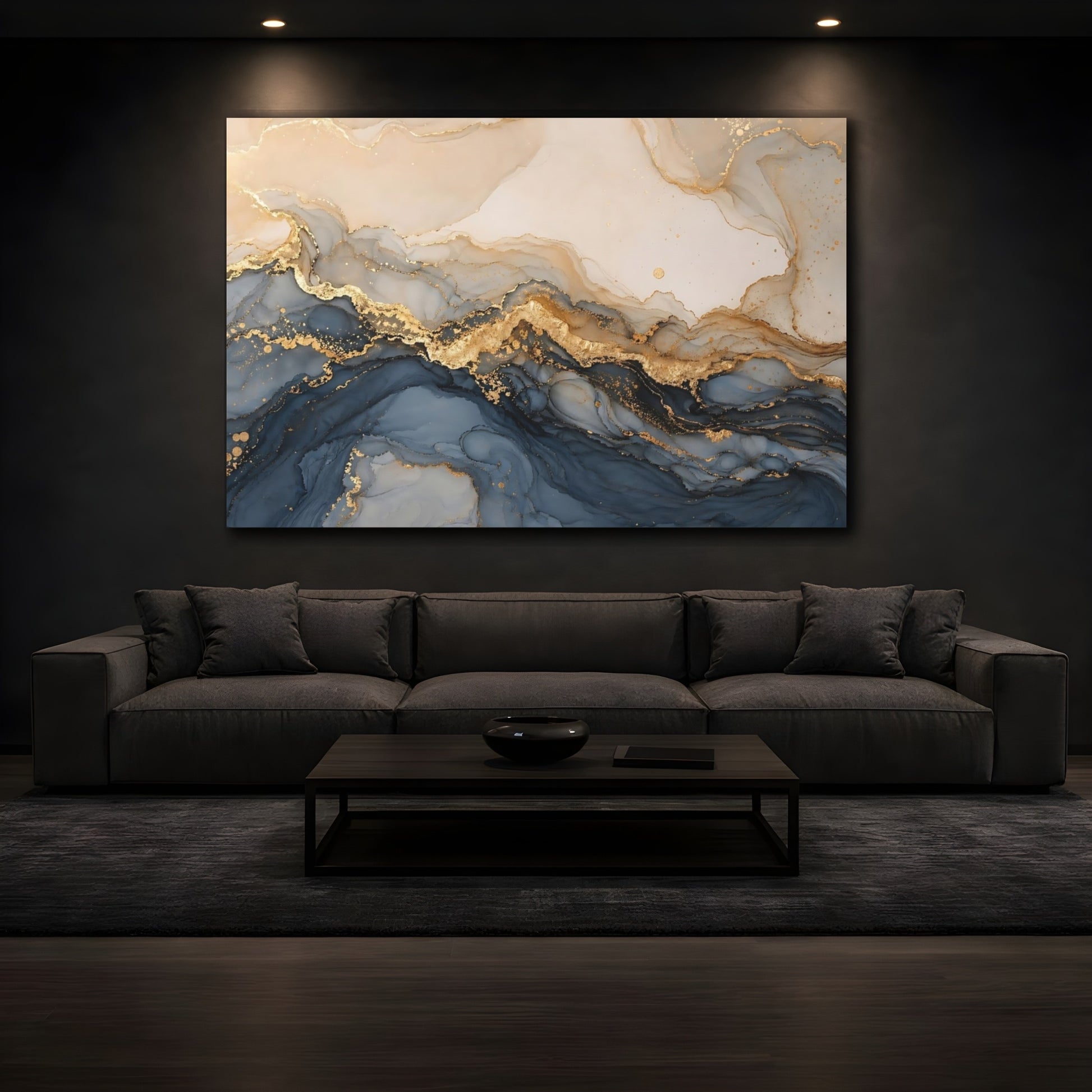 Mockup 4. Abstract Fluid Art Navy Gold Abstract shown as stretched canvas wall art
