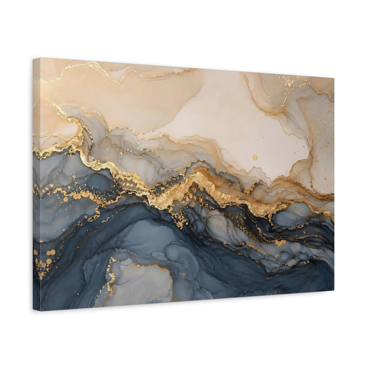 Side Mockup 3. Abstract Fluid Art Navy Gold Abstract shown as stretched canvas wall art