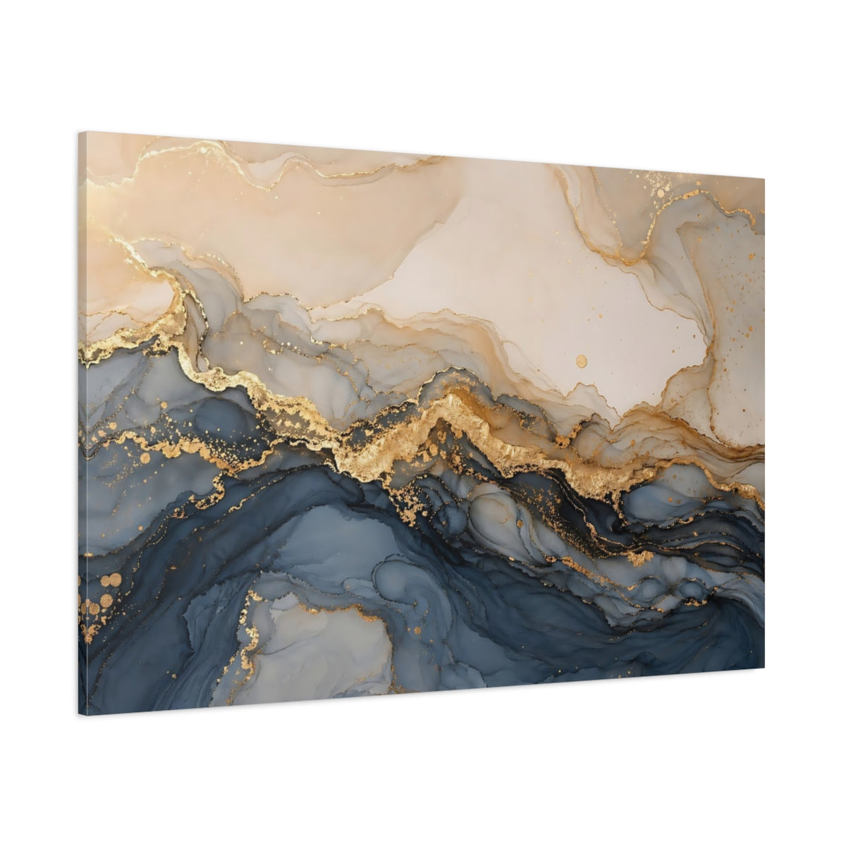 Side Mockup 1. Abstract Fluid Art Navy Gold Abstract shown as stretched canvas wall art