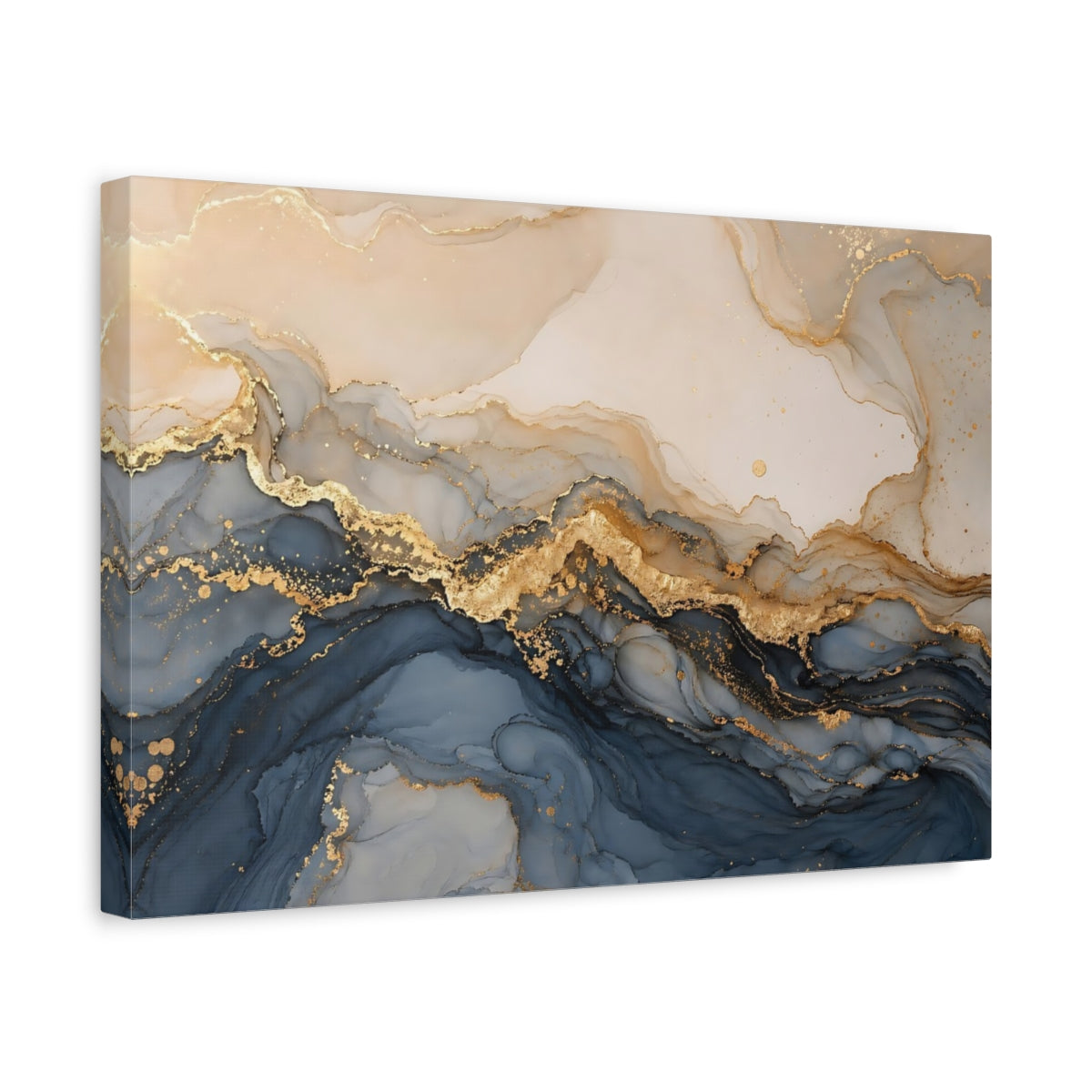 Side Mockup 4. Abstract Fluid Art Navy Gold Abstract shown as stretched canvas wall art