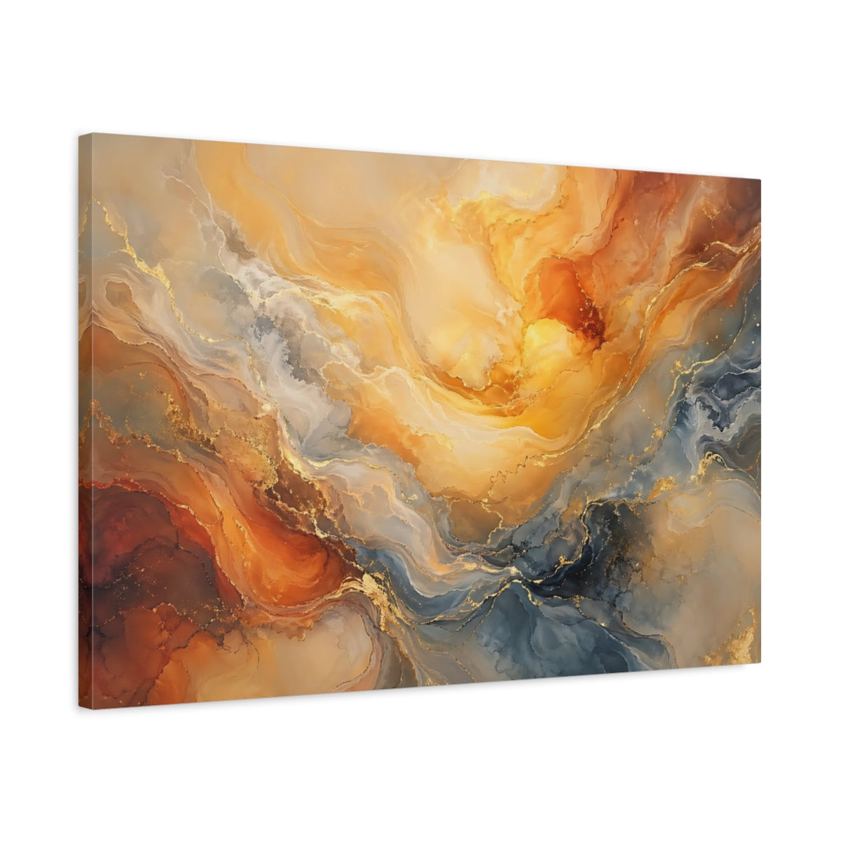 Side Mockup 2. Abstract Fluid Art Orange Gold Blue shown as stretched canvas wall art