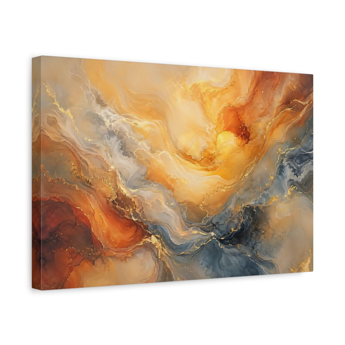 Side Mockup 4. Abstract Fluid Art Orange Gold Blue shown as stretched canvas wall art