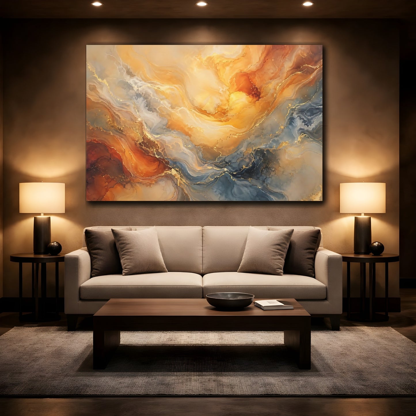 Mockup 2. Abstract Fluid Art Orange Gold Blue shown as stretched canvas wall art